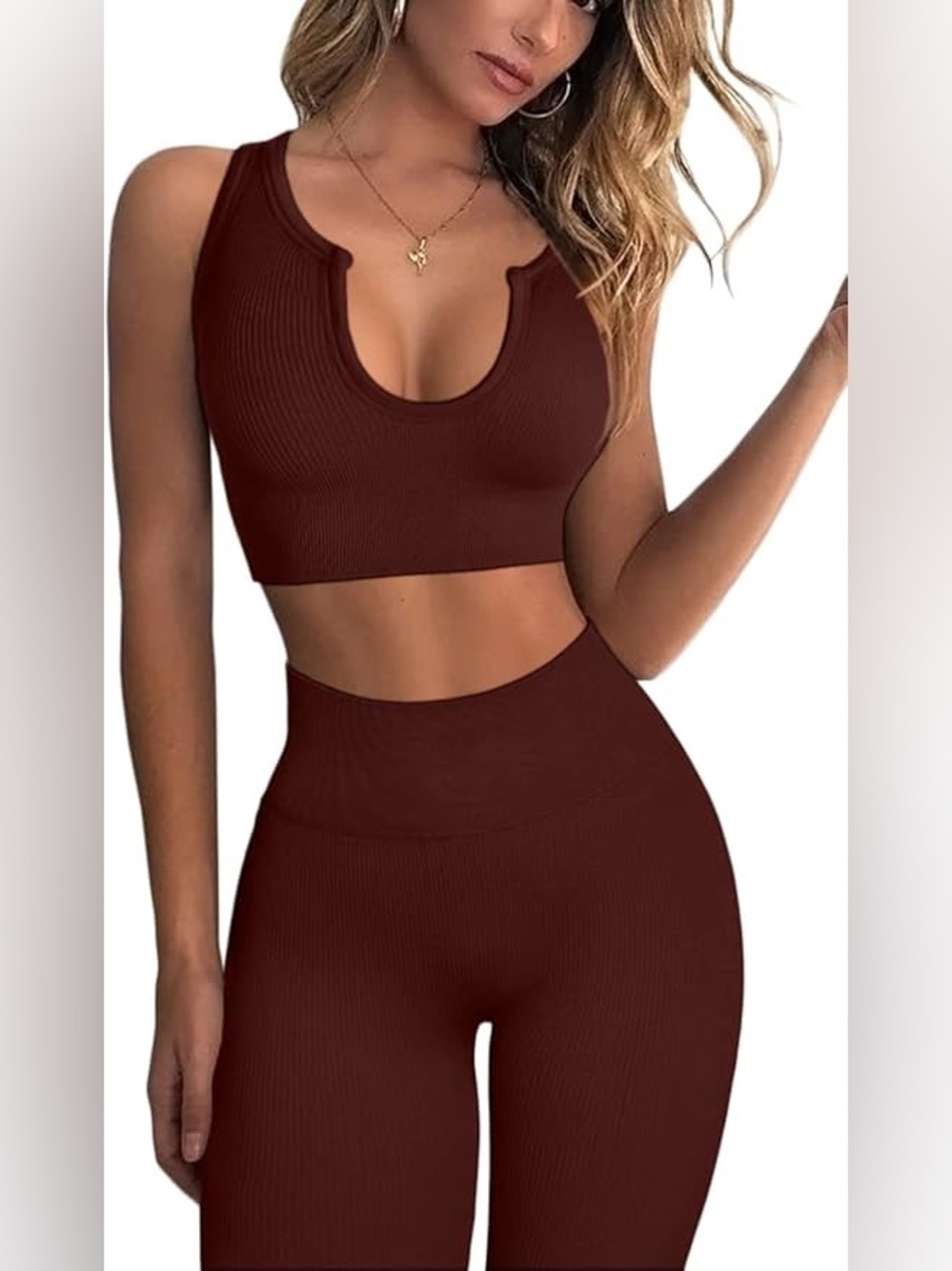 2 Piece Workout Tank Top High Waist Leggings Set, seamless in Brown